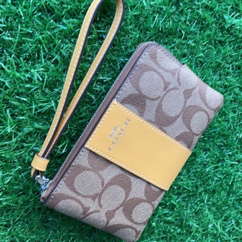 COACH Signature PVC Leather Corner Zip Wristlet